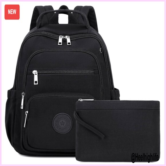 Mini Nylon Backpack Purse with Luggage Strap, 7 Pockets, Water Resistant